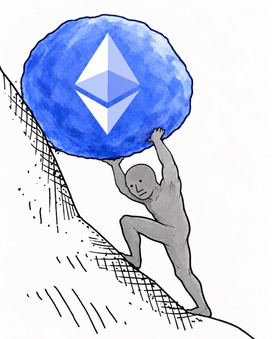 A gray humanoid figure climbs a steep slope while holding up a large blue Ethereum logo marked with the Ethereum diamond emblem.