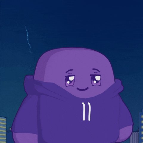 The image features a cartoon character, likely a small purple monster or robot, standing against a dark blue sky with buildings visible in the background. The character has a hoodie pulled up over its head and white stripes down the front of its body. The caption at the bottom of the image reads "Only good things ahead. Welcome aboard!".