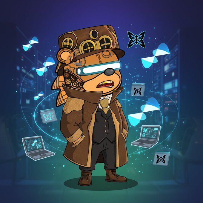 The image features a cartoon bear wearing a brown suit, hat, and coat with goggles on its head. The bear appears to be standing against a blue background with various computer screens surrounding it. These screens display different icons related to technology and computing, such as laptops, monitors, and keyboards. The overall scene suggests that the bear is in a futuristic setting where technology plays a significant role.
