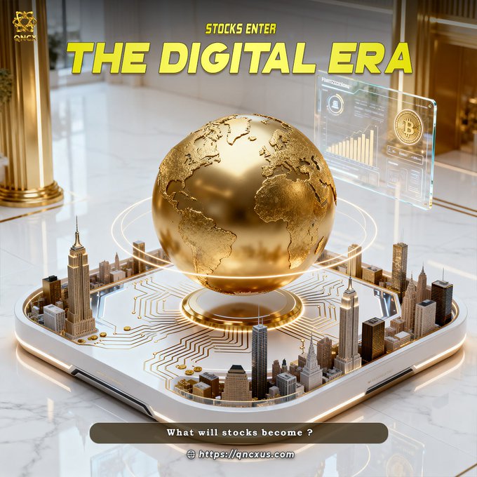 A golden globe hovers above a smartphone displaying a futuristic cityscape with skyscrapers and circuit board patterns, accompanied by the text "STOCKS ENTER THE DIGITAL ERA" and a holographic stock chart panel. The image visualizes the post's theme of traditional stocks transforming into digital, tokenized assets through blockchain technology, prompting viewers to consider "What will stocks become?"