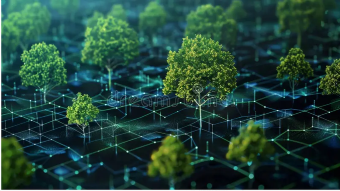 A digital network of glowing green trees connected by a luminous hexagonal grid symbolizes CNPY Network's pre-built infrastructure, representing how its integrated ecosystem allows developers to instantly tap into existing tools rather than building them from scratch—much like harvesting from an already-grown forest.