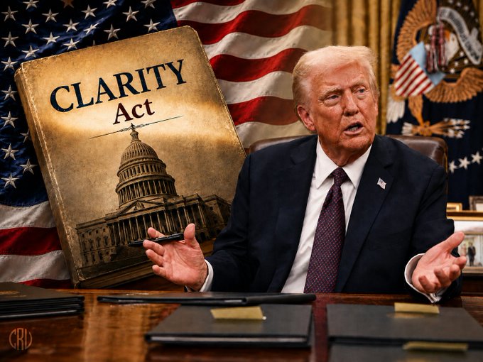 An image depicting Donald Trump with a prop book titled "CLARITY Act" and a Capitol building illustration, symbolizing the bill's advancement as it faces a crucial review.