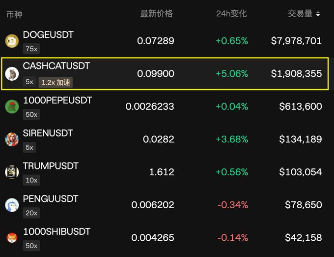 The image shows a cryptocurrency trading dashboard displaying various meme coin perpetual contracts, with CASHCATUSDT highlighted (showing a 5.06% gain and $1,908,355 in trading volume), ranking second only to DOGEUSDT ($7,978,701) in 24-hour trading volume. This visually supports the post's claim that on the day Aster launched Robinhood's blockchain, the meme coin CASHCAT saw trading volumes second only to Dogecoin, reflecting strong ongoing hype in the English-speaking community around Robinhood.