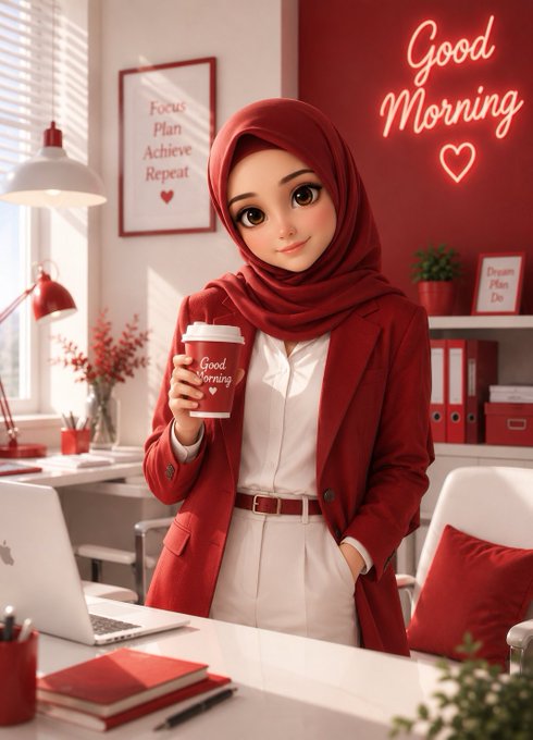 An anime-style woman wearing a red hijab and red blazer holds a red 'Good Morning' coffee cup in an office setting with a 'Good Morning' neon sign and a 'Focus Plan Achieve Repeat' poster on the wall.