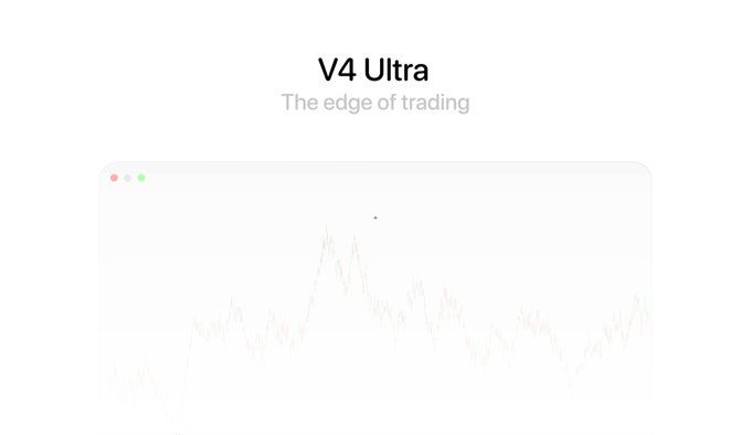 A minimalist website header for 'V4 Ultra' with the tagline 'The edge of trading' above a stylized window containing a faint line graph on a white background.