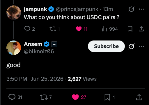 A screenshot of a Twitter/X post by verified user @jampunk asking "What do you think about USDC pairs?" with a reply from verified user @blknoiz06 (Ansem) simply stating "good" at 3:50 PM on Jun 25, 2026, supporting the caption's view that USDC pairs are favorable.