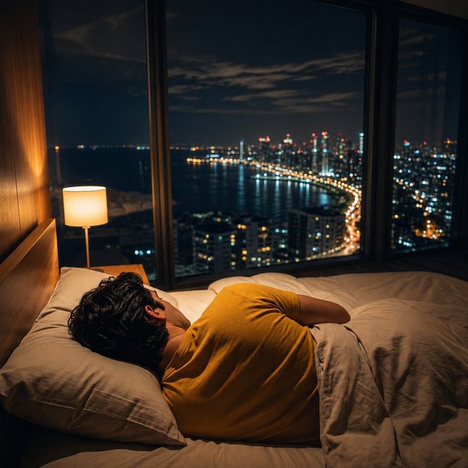 A person in a yellow shirt lies in bed, gazing out a large window at a sprawling, illuminated coastal city at night.
