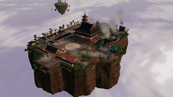 A 3D rendered scene of a floating island with a Japanese/Asian temple complex, pagodas, trees with autumn foliage, and a smaller floating island above it, all set against a cloudy sky.