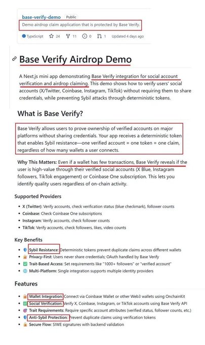 The image displays the summary of a Base Verify Airdrop Demo posted on a Github page, along with two small text bubbles providing further details about its features. The focus of this post seems to be on demonstrating the base airdrop demo's integration into a social account and how it could potentially benefit users by enhancing security through verifiable access to their accounts.