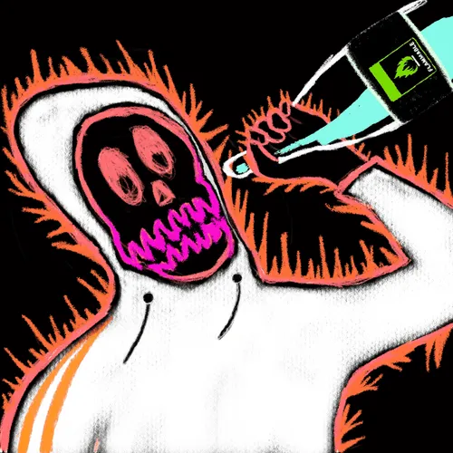 A drawing of a hooded reaper-like skeletal figure being injected with a syringe, with a small screen displaying a rektguy character above the needle, referencing the NFT sale. The syringe imagery symbolizes the "injection" or transaction of the rektguy #8684 NFT, which sold for 0.25 ETH between buyers and sellers on OpenSea.