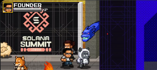 A pixel art game screen labeled 'SOLANA SUMMIT' featuring small character sprites, a blue creature, and a health bar labeled 'FOUNDER' with XP tracking.