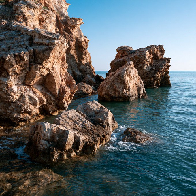 A scenic coastal landscape photograph showing rugged reddish-brown rock formations and cliffs rising from clear turquoise-blue sea water under a bright blue sky.