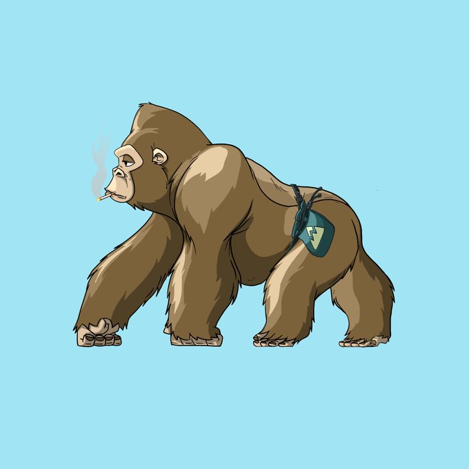 This image features a cartoon gorilla smoking a cigarette with a green bag featuring a lightning bolt symbol on its rear, representing the @ApeChainRILLAZ NFT won by @Legend_1000X.