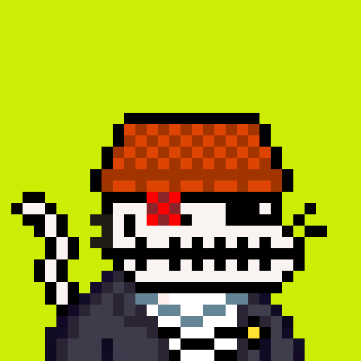 A pixel art character on a bright yellow-green background, depicting a figure with a checkered orange and brown hat, wide eyes, and a jagged grinning mouth.