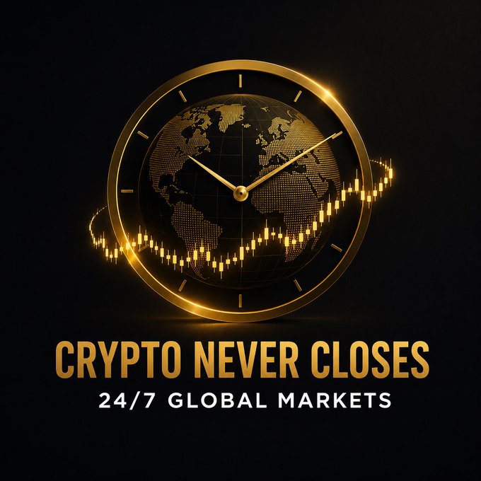 A golden clock encircles a dotted globe, symbolizing continuous 24/7 global trading, with candlestick price charts wrapping around its base. The text reads "CRYPTO NEVER CLOSES" and "24/7 GLOBAL MARKETS," reinforcing the post's message that cryptocurrency exchanges operate around the clock across time zones, unlike traditional stock markets.