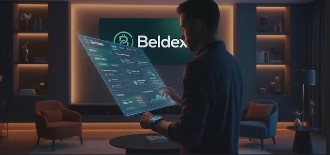 A promotional image showing a man interacting with a holographic Beldex trading dashboard displaying market cap, supply, and mining charts in a dimly lit modern living room setting.