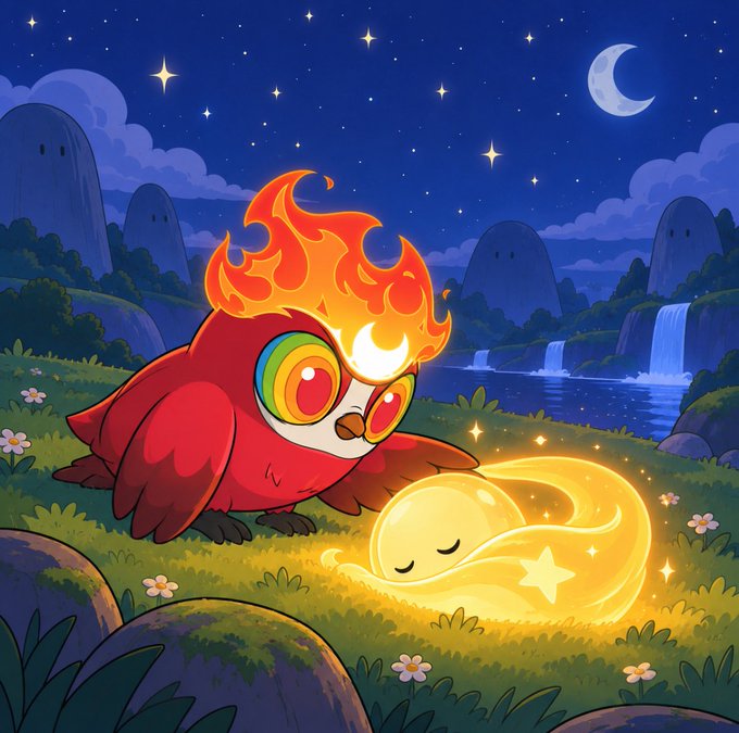 A colorful digital illustration of a cute red owl-like creature with flame-shaped feathers on its head, gazing at a sleeping glowing yellow star-shaped spirit in a grassy field under a starry night sky with a crescent moon.