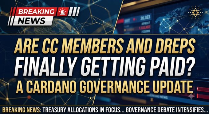 A breaking news thumbnail graphic reading 'ARE CC MEMBERS AND DREPS FINALLY GETTING PAID? A CARDANO GOVERNANCE UPDATE' with ticker of $36,393 and a 'BREAKING NEWS' banner.