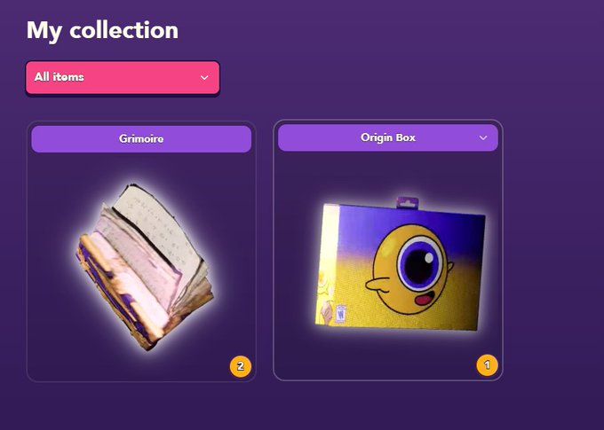 A 'My collection' screen showing items including a 'Grimoire' (count 2) and an 'Origin Box' (count 1), with an 'All items' dropdown filter.