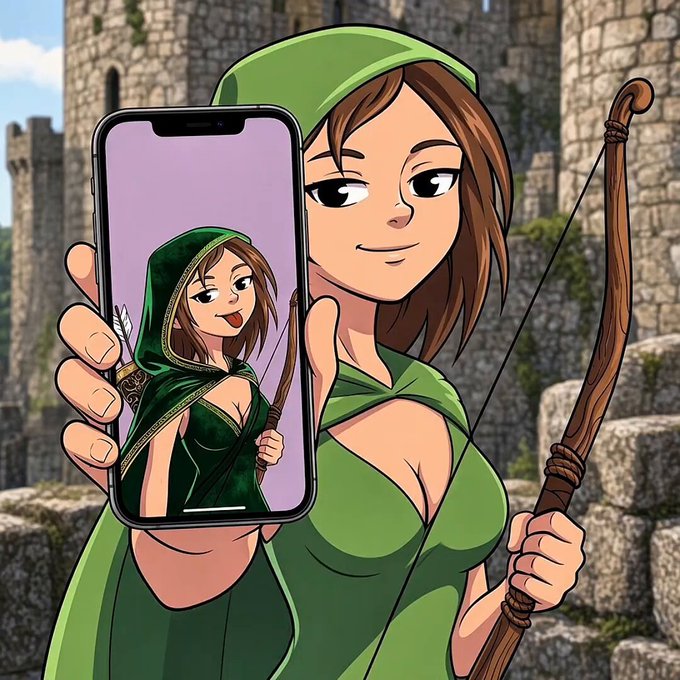 A cartoon-style illustration depicts a brown-haired archer in a green hooded outfit holding a wooden bow, while displaying a smartphone showing a similar character in a green cloak on the screen, set against a medieval castle backdrop. The image promotes the upcoming minting of Lady Marian NFTs, with the post directing viewers to mint.lady-marian.xyz for whitelisting details ahead of the Friday launch.