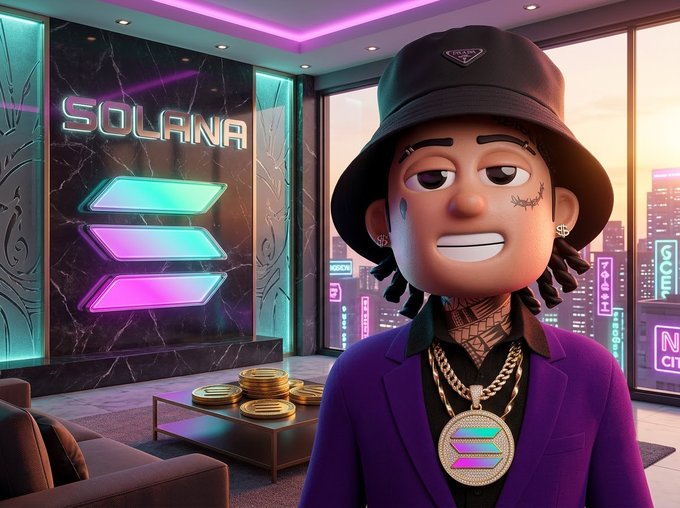A 3D rendered cartoon character wearing a black bucket hat, purple suit, and gold chain with a Solana pendant, standing in a futuristic room with a neon 'SOLANA' sign and stacks of gold coins.