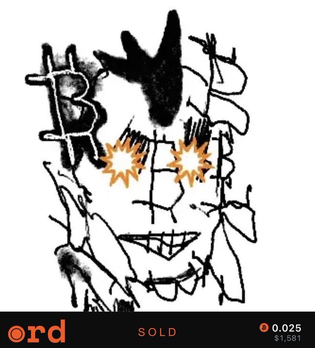 A digital art NFT listed as 'SOLD' for 0.025 ETH ($1,581), showing a crude black ink drawing of a face with orange burst eyes and a wide grin on the 'ord' platform.
