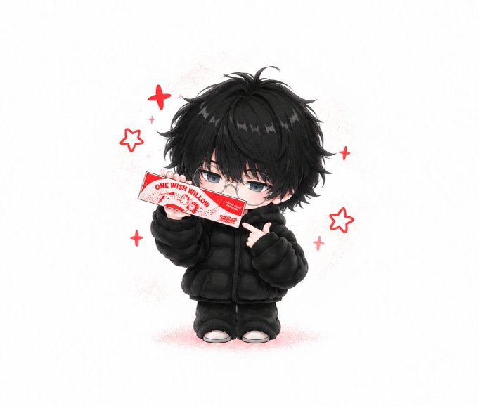 A chibi-style illustration of a black-haired character in a puffy black jacket pointing to a "ONE WISH MILLION" lottery ticket, surrounded by red stars. The image visually represents the celebratory post's question of "whats your Wish?" alongside the achievement of reaching 500k TL impressions and creating 4 Arc meme/NFT figures.