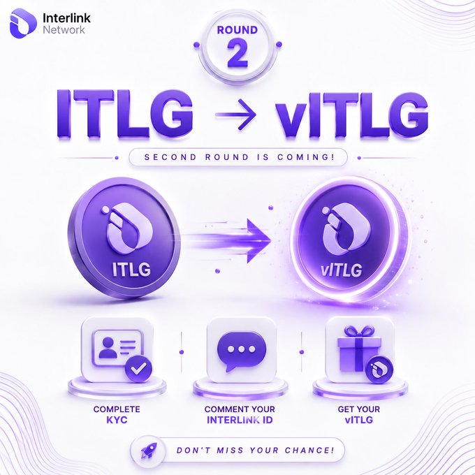 A promotional graphic from Interlink Network announces the second round of the $ITLG to vITLG conversion, featuring a bold purple "ROUND 2" badge and an arrow showing the token transition between two purple coin icons. Three steps are illustrated at the bottom—Complete KYC, Comment Your Interlink ID, and Get Your vITLG—reinforcing the post's message that Linkers with pending KYC from April may soon have another chance to claim their vITLG.