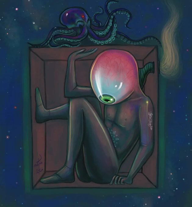 A surreal digital illustration depicting a figure with a transparent bulbous head showing a brain-like interior, sitting inside a wooden box while a purple octopus perches on top against a starry background.