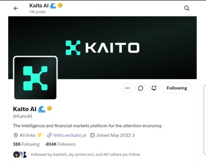 A Twitter/X profile screenshot for 'Kaito AI' (@KaitoAI) showing 11K posts, 404K followers, and 386 following, with bio: 'The intelligence and financial markets platform for the attention economy.'