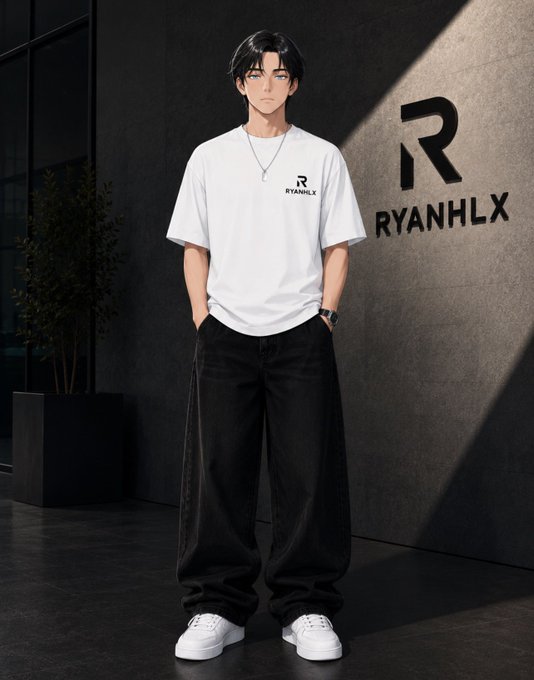 An anime-style illustration shows a young man with black hair wearing a white t-shirt with the 'RYANHLX' logo, baggy black pants, and white sneakers, standing in front of a wall with the same branding.
