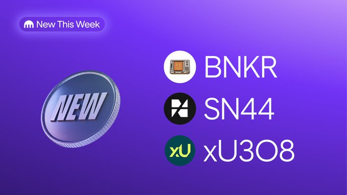 A promotional graphic with a purple background features a "New This Week" badge, a 3D "NEW" coin, and highlights three new Kraken listings: BNKR (bankrbot), SN44 (webuildscore), and xU3O8 (metalsofficial), each accompanied by their respective logos.