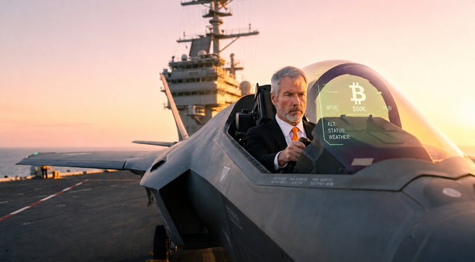A man in a suit sits in the cockpit of an F-35 fighter jet on an aircraft carrier at sunset, giving a thumbs-up, while the heads-up display shows Bitcoin at "$60K" with status "WEATHER." The image visually reinforces the post's theme of Michael Saylor's bullish optimism about Bitcoin's price recovery from the $60,000 level, with the fighter jet symbolizing his confident, forward-moving stance.