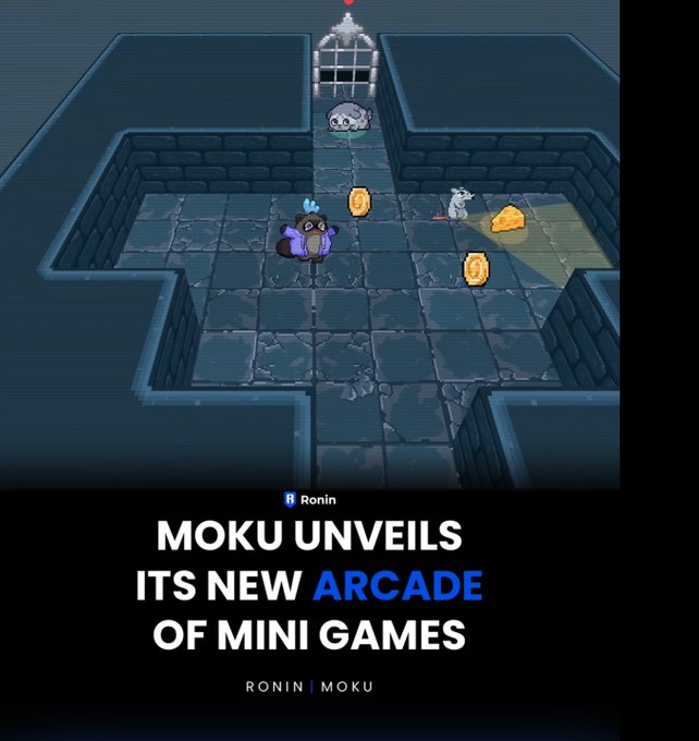 A promotional graphic for Ronin's Moku featuring a pixel-art dungeon scene with a black character and coins, captioned 'MOKU UNVEILS ITS NEW ARCADE OF MINI GAMES'.