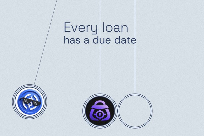 An animation showing a Saturn crypto coin swinging on a pendulum toward two lock icons, with the text 'Every loan has a due date'