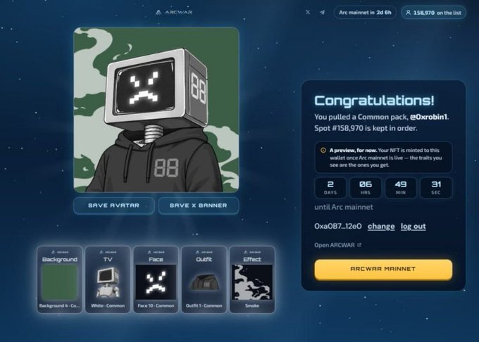 A digital NFT minting interface for 'ARCWAR' showing a Congratulations message for pulling a Common pack with a pixelated TV-headed character avatar (Face 10 - Common, Background 4 - Co., Outfit 1 - Common, Smoke effect) kept in order for 158,970 ARC, with a countdown of 2 days, 6 hours, 49 minutes until mainnet.