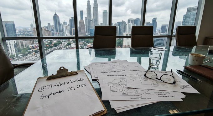 A glass conference table holds papers with network topology diagrams and a clipboard reading '@TheVictorBuilds September 30, 2026', overlooking a city skyline through floor-to-ceiling windows.