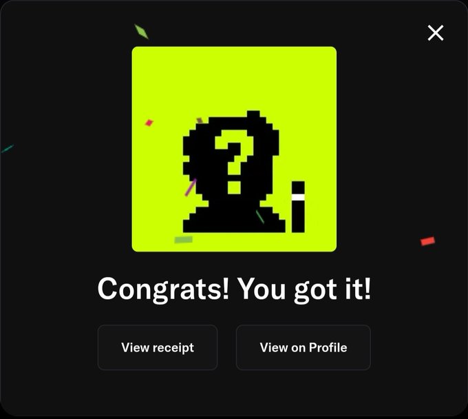 A pixelated black question mark and an eraser icon appear on a lime-green background above the text "Congrats! You got it!" with buttons for "View receipt" and "View on Profile." The image relates to the post as a confirmation receipt showing the successful minting of a Hoodbits NFT on OpenSea, suggesting the user did successfully mint the NFT despite their claim of not seeing it in their wallet.