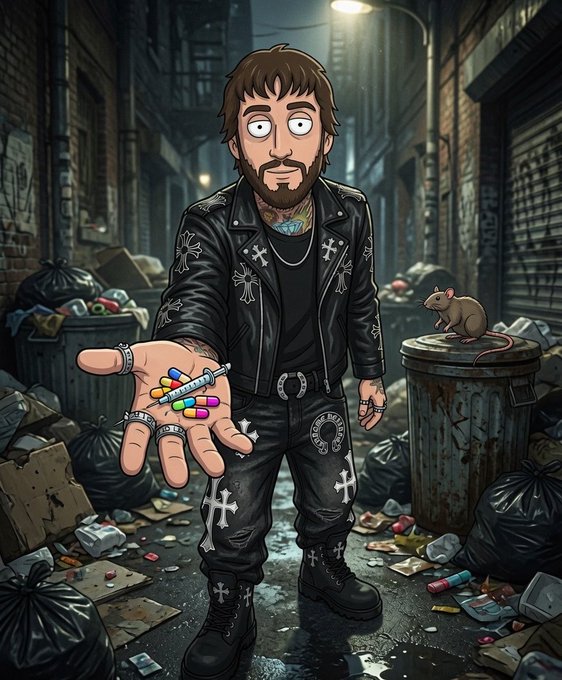A stylized cartoon illustration of a man in a leather jacket and cross jewelry standing in a dark alleyway, holding out his hand which is filled with colorful pills, with a rat sitting on a nearby trash can.