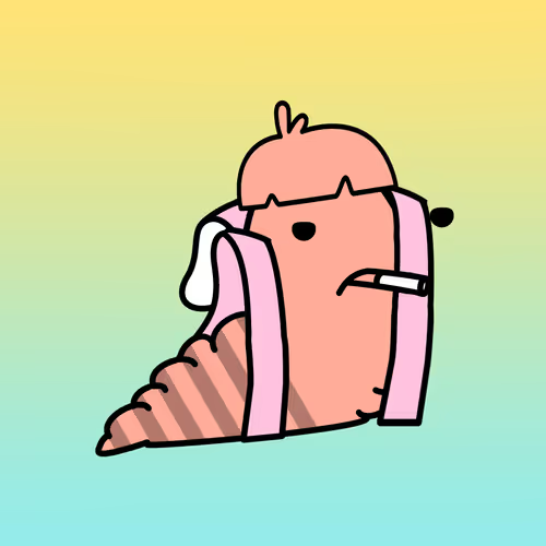 The image features a cartoon character, possibly a pink pig or a caterpillar, sitting on its hind legs with a cigarette in its mouth. The character appears to be wearing a backpack and has a sad expression on its face. The background of the image is a gradient of colors that transitions from yellow at the top to blue at the bottom. The post includes text that reads "Doodle derivatives are back. Only NFT OGs remember these". This suggests that the image might be related to a discussion or promotion about the world of digital art and its derivatives, such as NFTs (Non-Fungible Tokens) used for collecting and trading artwork.