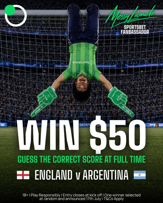 A Sportsbet promotional graphic featuring an upside-down goalkeeper in a green jersey behind a goal net, advertising a "WIN $50" giveaway to "GUESS THE CORRECT SCORE AT FULL TIME" for the "ENGLAND v ARGENTINA" match, with "Messi Lonete" labeled as Sportsbet Fan Ambassador. The promotional image aligns with the giveaway post, which invites participants to comment their score prediction for the Argentina vs. England match to win $50 USDT, with a winner announced on July 17th.