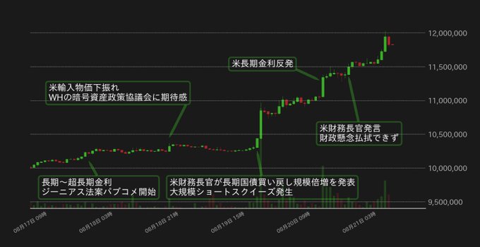 A financial candlestick chart showing price movements from around 9,500,000 to 12,000,000, annotated with Japanese text referencing Mnuchin (米財務長官), Fed Chair Powell (米長期金利反発), Treasury buyback suspension, and a Zeus Act performance ban.