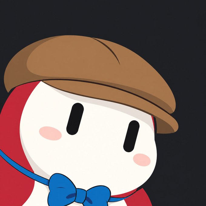 A cartoon character with a white round face, black oval eyes, pink cheeks, a blue bow tie, and a brown cap against a dark background.