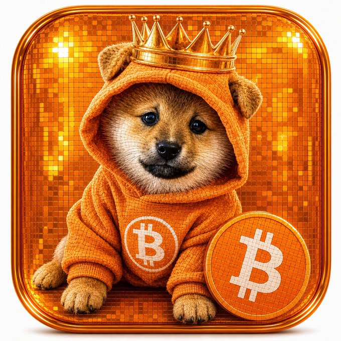 An AI-generated illustration of a puppy wearing a gold crown and an orange Bitcoin hoodie, accompanied by a Bitcoin coin against an orange tiled background.