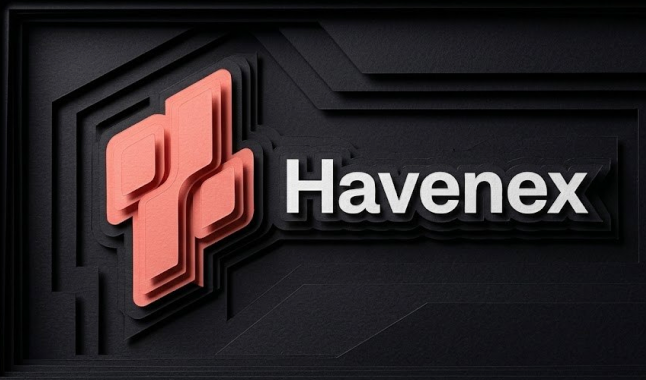A 3D-styled logo for 'Havenex' featuring a red geometric icon on a black textured background.