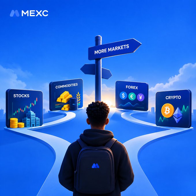 A promotional graphic for MEXC featuring a person with a backpack facing a signpost pointing toward "MORE MARKETS," with branching paths leading to platforms for "STOCKS," "COMMODITIES," "FOREX," and "CRYPTO."