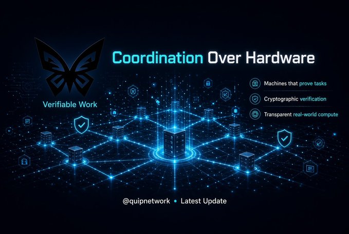 A promotional graphic for @quipnetwork titled "Coordination Over Hardware" highlighting Verifiable Work, cryptographic verification, and transparent real-world compute.