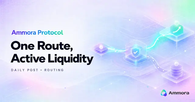 A promotional graphic for "Ammora Protocol" featuring the tagline "One Route, Active Liquidity" on a "DAILY POST · ROUTING" basis, displayed against a futuristic purple and blue gradient background with floating 3D cube icons.