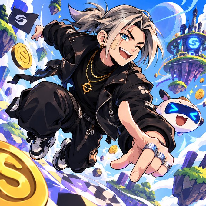 An anime-style illustration of a silver-haired character in black clothing reaching forward, accompanied by a small white creature, with floating gold coins marked 'S' in a sky setting.