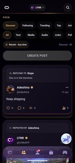 Screenshot of the LYNK social media app in dark mode, showing a feed with a post by 'Adeshina' (@Adeshina) that says 'Keep shipping' and a reply mentioning 'Dev is in the trenches'.
